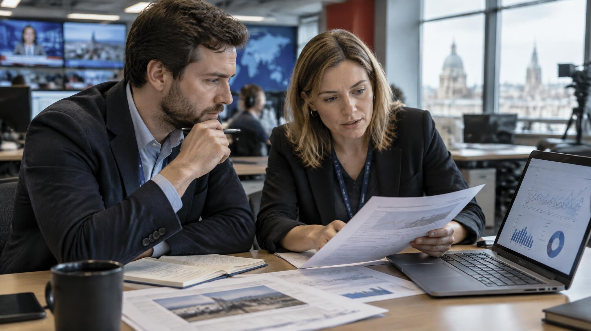 Two journalists analyzing documents and a laptop together