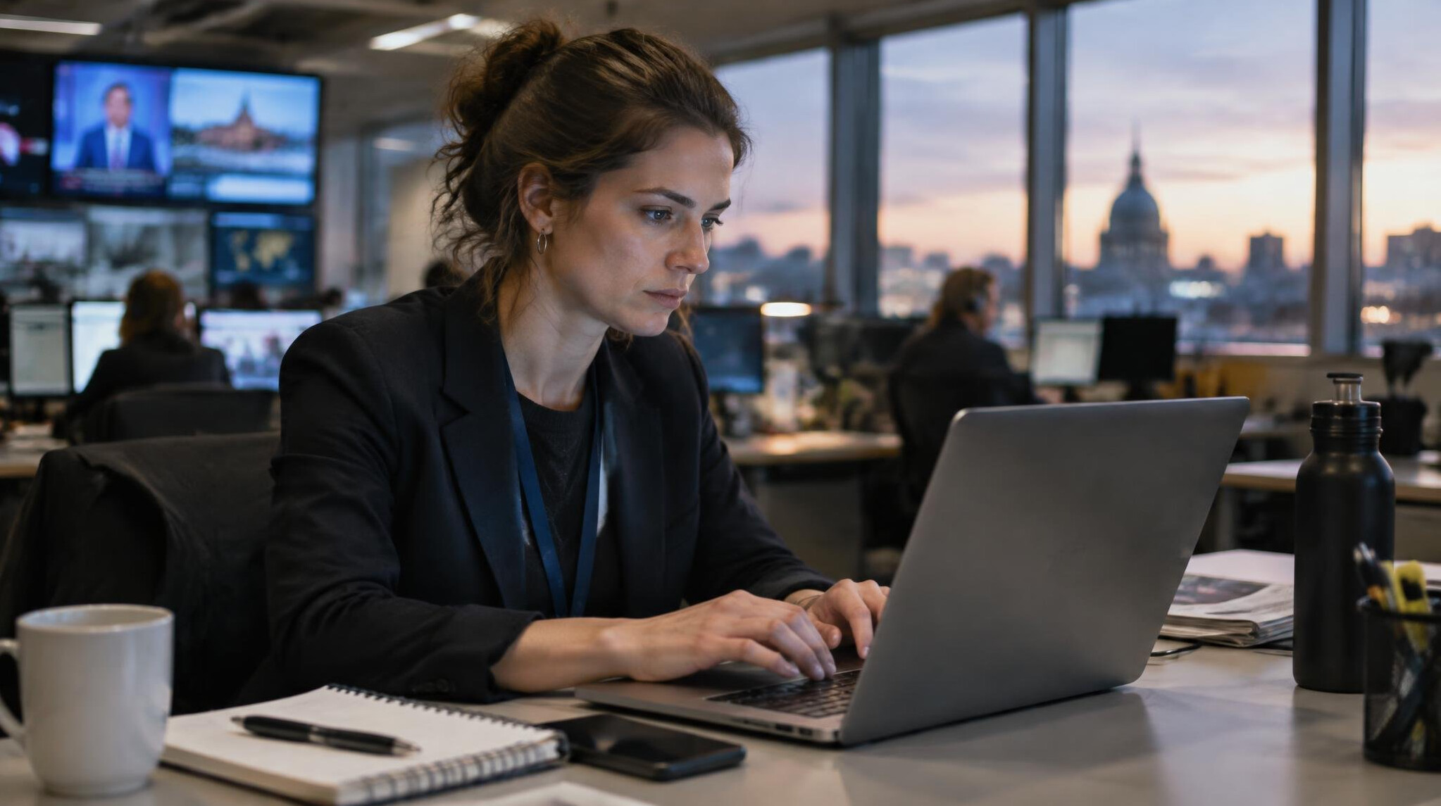 Person typing on a laptop in a newsroom office