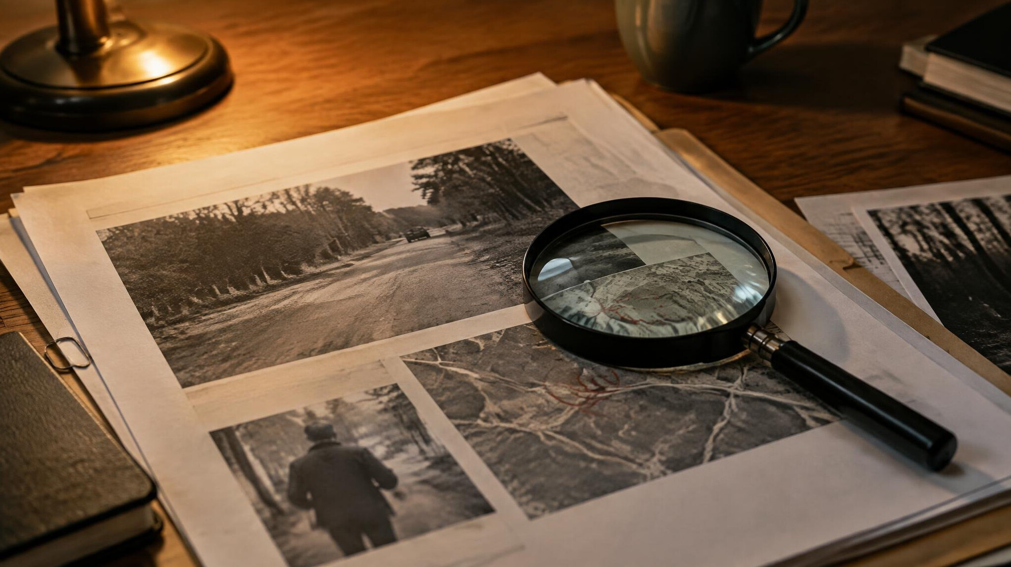 Printed investigative report pages with a magnifying glass