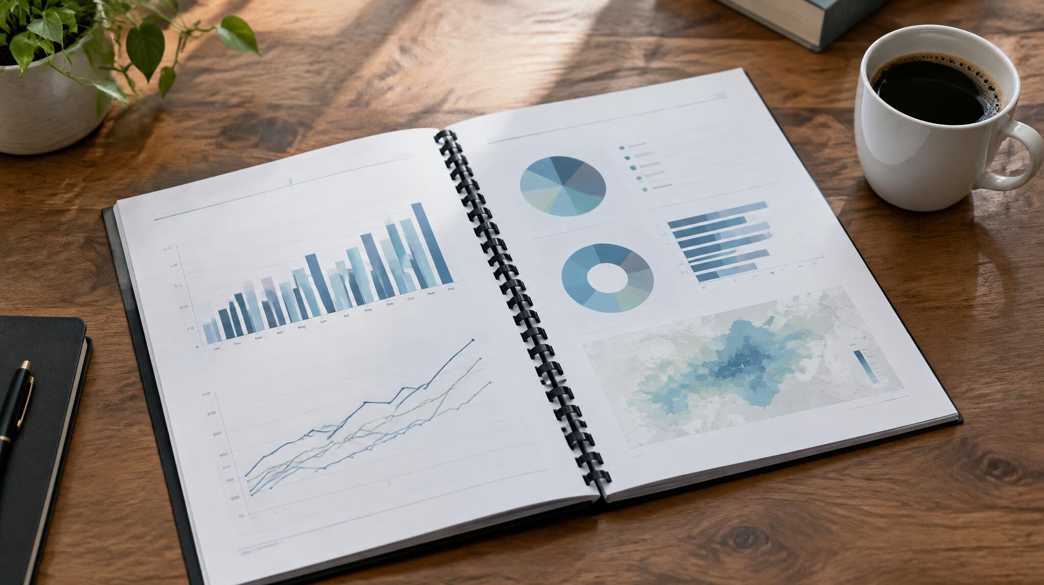 Bound investigative report with charts on a desk