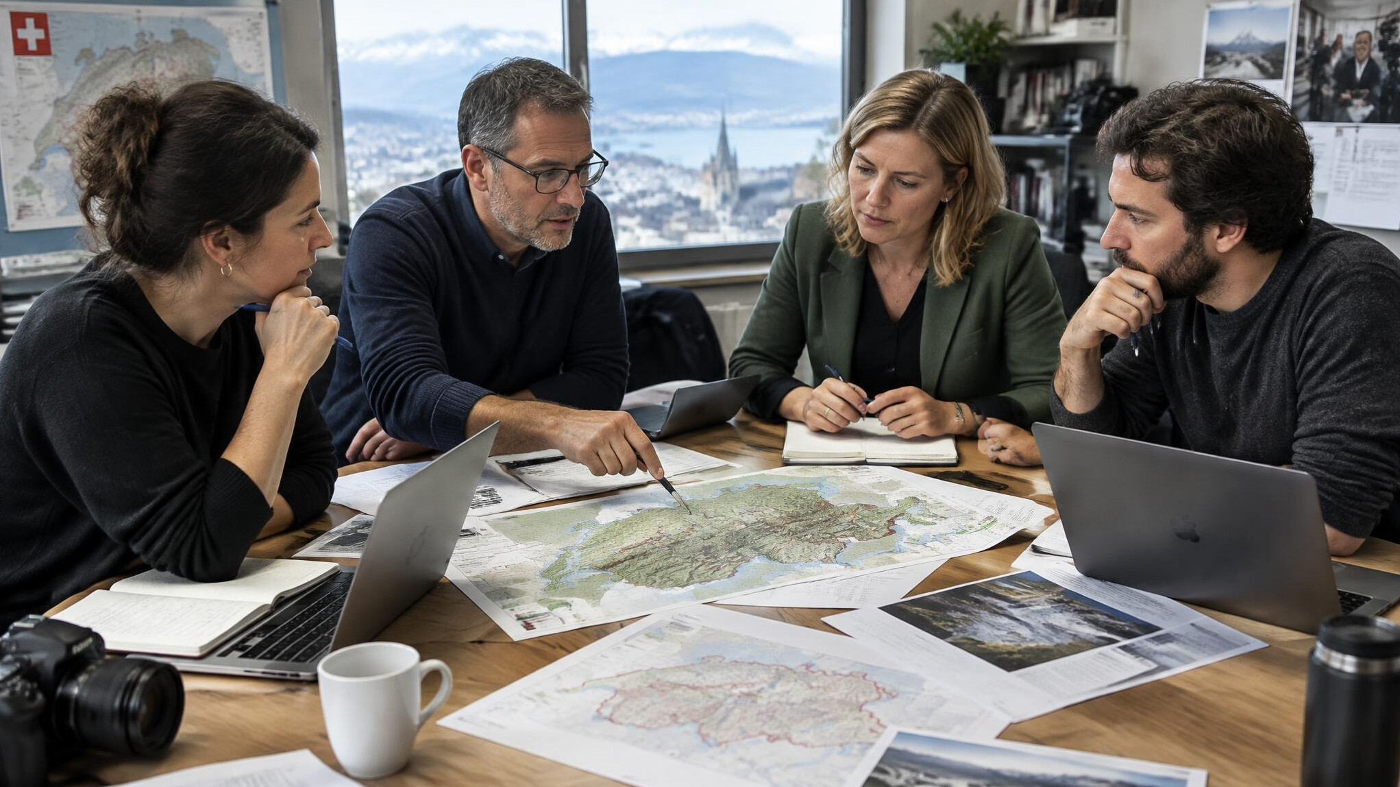 Editorial team meeting around a table covered with maps and notes