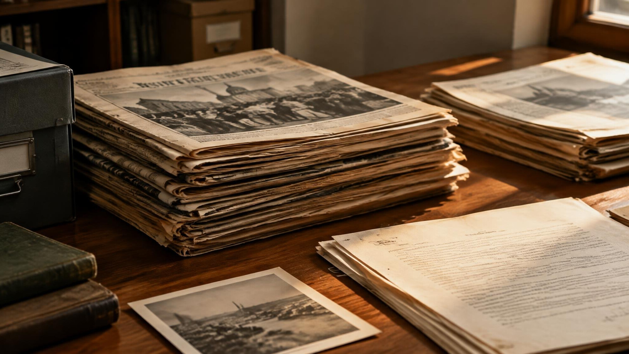 Stack of archived newspapers and documents
