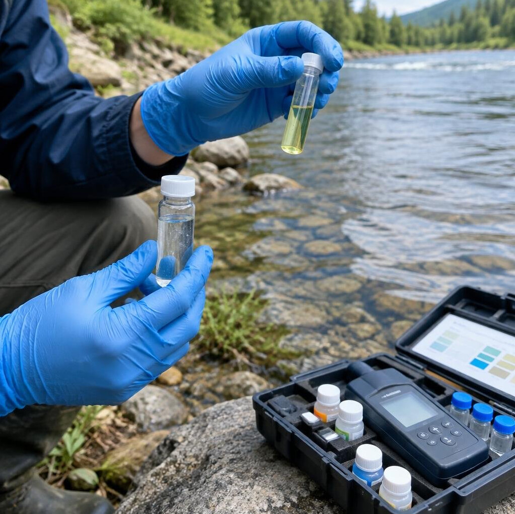 Scientist testing river water quality with sampling equipment