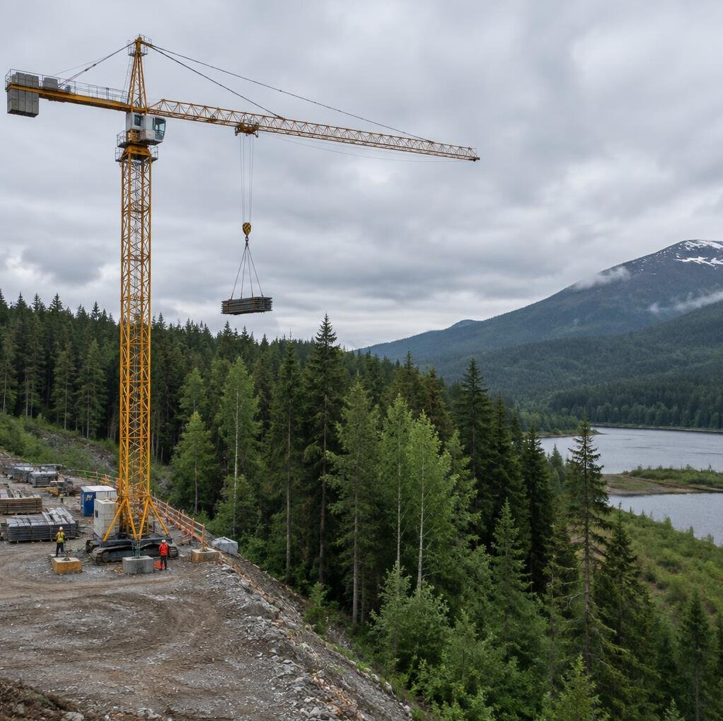 Construction crane near a forested natural area